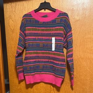 wild fable Bright Pink Multicolor Striped Crewneck Sweater
